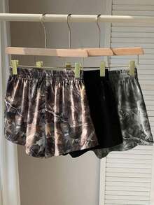Set de 3 shorts casuales con estampado de lunares, estampado de leopardo claro y estampado de leopardo marrón oscuro, de tela tejida, adecuados para uso diario, set de shorts con estampado de camuflaje, adecuados para el uso diario, citas, fiestas, otoño/invierno/verano, Navidad, Año Nuevo, Acción de Gracias, fiestas, bodas, playa, ceremonias de graduación, moda, elegante, casual, salidas, citas, reservas, viajes, brillante, Día de San Valentín, elegante, vacaciones, casual, Y2K, salidas, ceremonias de graduación y otras ocasiones. - Gris 2 - Ver 2