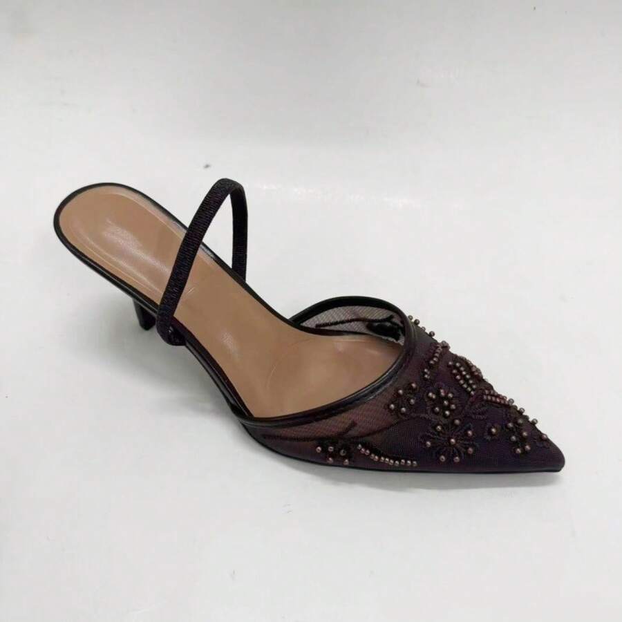 2026 Nuove scarpe da donna per primavera/estate: Tacchi a spillo in rete bianca ricamata, sandali con punta affusolata e tomaia bassa per donne - Castano - Visualizzare 1