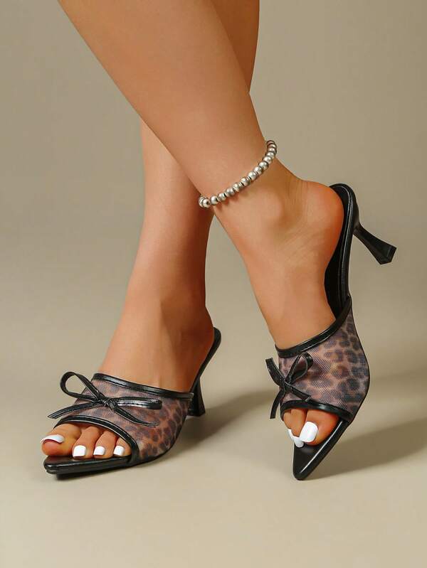 1 Pair Women's Summer Grey Leopard Lace Mesh High Heel Sandals, Pointed Toe Elegant, Suitable For Casual, Party, Shopping