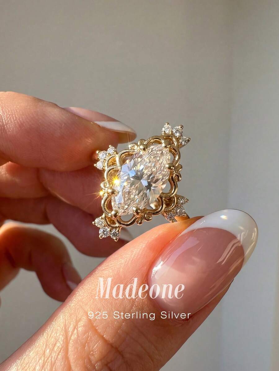 MADEONE 1枚优雅波浪双锆石水滴形925纯银女士订婚结婚戒指,精致新娘首饰,周年纪念生日礼物 - 金色 - 查看 1