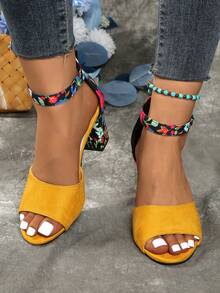 Women's Chunky Heel Open Toe Casual Sandals, Fashion High Heel Sandals With Back Zipper - Yellow - View 4