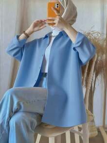 Camisa casual minimalista para mujer, blusa de manga larga con botones de unicolor, top elegante adecuado para primavera, otoño e invierno - Azul - Ver 2