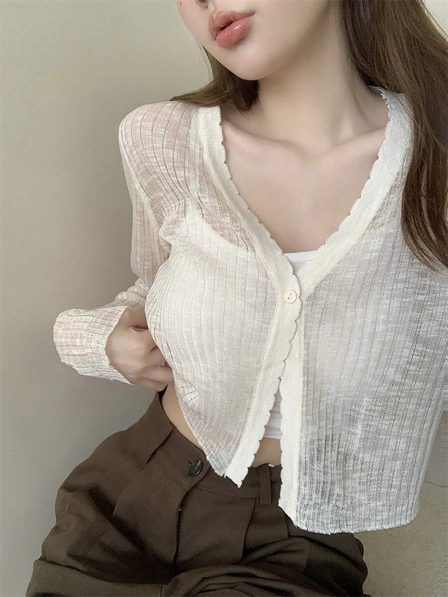 Korean Style Gentle & Sweet V-Neck Single Button Thin Cardigan, Spring/Summer White - White - View 1