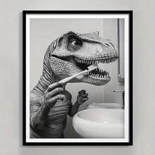 2D Flat Design, 1pc Funny Tyrannosaurus Rex Brushing Teeth Poster/Canvas - Cute Dinosaur Bathroom Decor, Suitable For Kids Room, Prehistoric Wall Art Print, Humorous Children's Room Decor, Easy To Hang Without Frame, 1pc Tyrannosaurus Rex Brushing Teeth Poster/Canvas, 2D Flat Design - H - View 1