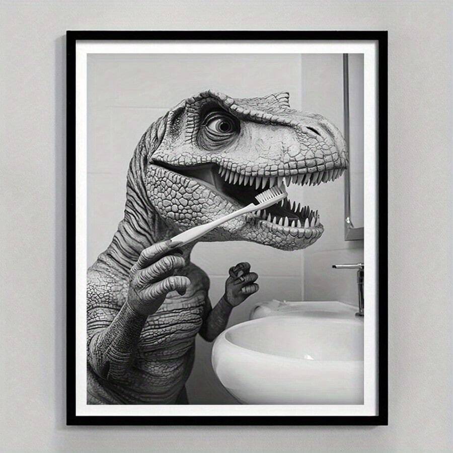 2D Flat Design, 1pc Funny Tyrannosaurus Rex Brushing Teeth Poster/Canvas - Cute Dinosaur Bathroom Decor, Suitable For Kids Room, Prehistoric Wall Art Print, Humorous Children's Room Decor, Easy To Hang Without Frame, 1pc Tyrannosaurus Rex Brushing Teeth Poster/Canvas, 2D Flat Design - H - View 1