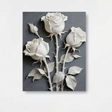 Pintura en lienzo de rosa blanca enmarcada, plana 2D - Relieve floral realista con marco envolvente, adecuada para decoración - Panel de relieve botánico de fondo para dormitorio, oficina - Panel decorativo moderno minimalista - Enmarcado - Ver 1
