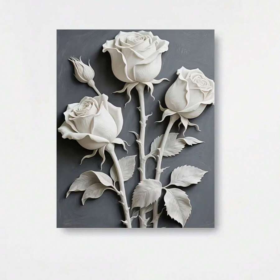 Pintura en lienzo de rosa blanca enmarcada, plana 2D - Relieve floral realista con marco envolvente, adecuada para decoración - Panel de relieve botánico de fondo para dormitorio, oficina - Panel decorativo moderno minimalista - Enmarcado - Ver 1