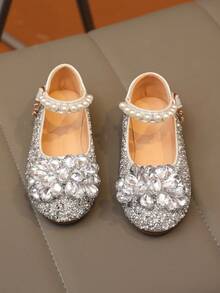 1 Pair 2026 New Fashion Versatile Pink Girl's Pearl & Rhinestone Cute Flat Shoes, Round Toe, Suitable For Daily Wear, Dancing, Outdoor In Spring & Autumn, Glitter Decor Closed Toe Princess Shoes, Run Small By Half Size - Silver - View 2
