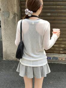 [Y6Y]女款灰色掛脖背心與米色半透長袖上衣2件套，秋季休閒運動通勤穿搭 - 灰色 - 查看 2