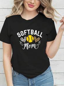 Camiseta gráfica con impresión de softbol amarillo vibrante y corazón leopardo | Top de manga corta con cuello de tripulación casual para primavera verano, comodidad diaria, diseño, ajuste relajado - Negro - Ver 2