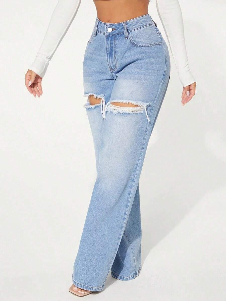 Single Button Cut Out Ripped Frayed Wide Leg Jeans QNWC - Light Wash 2 - View 1