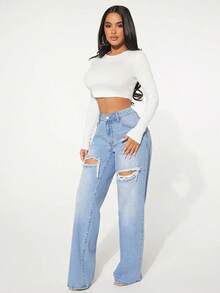 Single Button Cut Out Ripped Frayed Wide Leg Jeans QNWC - Light Wash 2 - View 2
