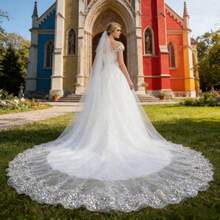 2026 Hot  A Super Large Sparkling Sequin Lace Wedding Veil, Cathedral Train Bridal Veil, Suitable For Weddings And Churches - 白色 - 查看 3