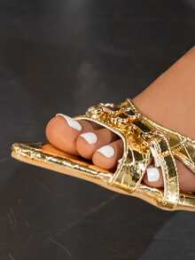 Women's Pointed Toe Metal Gold Decor Elegant High Heel Party Sandals, Suitable For Outdoor Wear, Slim High Heel Versatile Gold Slide Sandals - Gold - View 6
