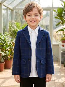 3-10 Years Old Boys Plaid Suit Jacket With Buttons, Lapel Formal Blazer, Navy Blue - Navy Blue - View 5