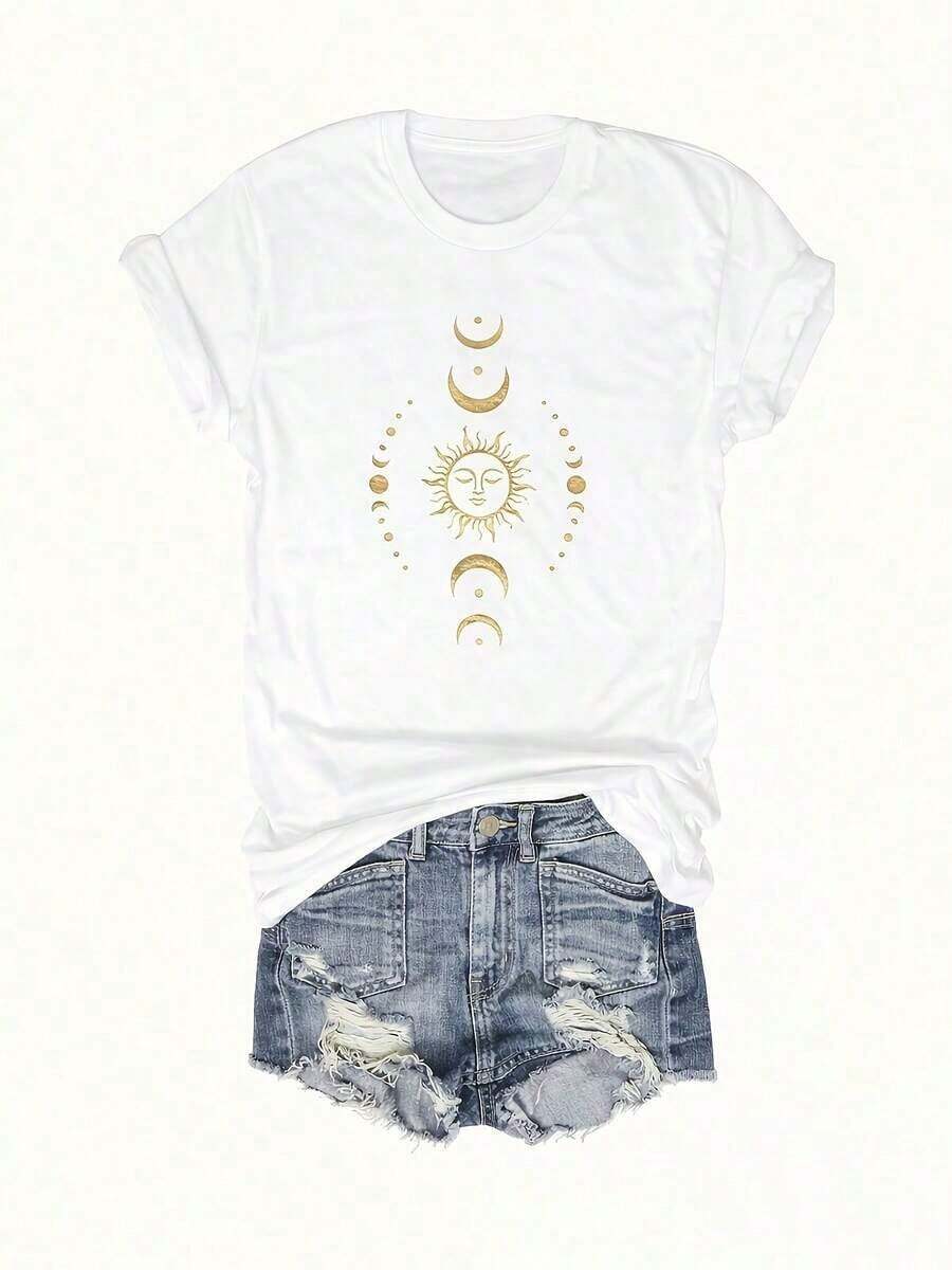 GiftGiftGraphic Tees Women's T-Shirt With Sun, Moon And Stars Print - Navy Blue And Gold, Casual Style, Round Neck, Short Sleeve, Breathable, Machine Washable For All Seasons, Comfortable And Versatile, Astronomical Theme, Soft Fabric, Loose Fit, Durable Print, Stylish, 100% Cotton, Summer Clothing For Women, Free Shipping. - 白色 - 查看 1