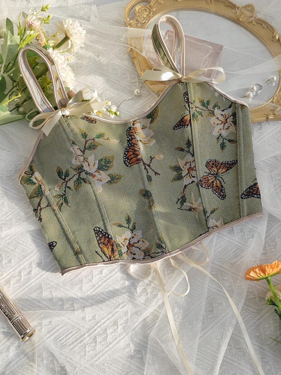 Green Floral Jacquard Bow Tie Camisole Top - Romantic Countryside Style, Essential For Dates And Daily Wear - Green - View 1