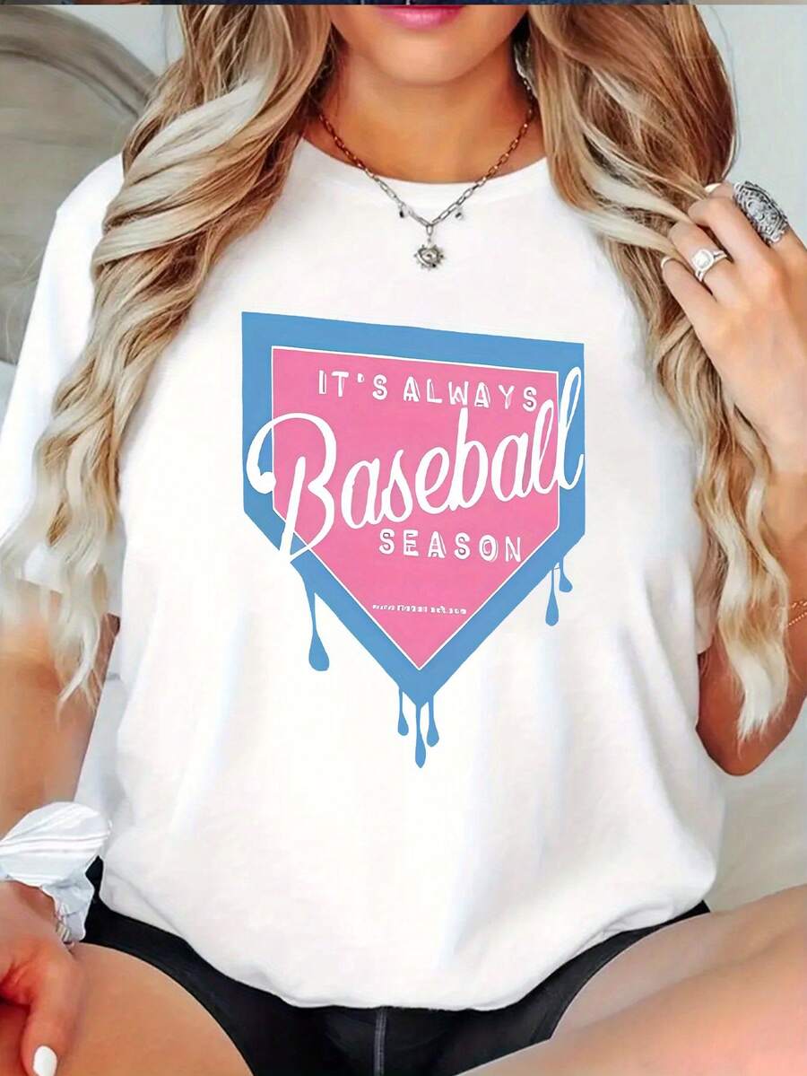 Camiseta Casual Elegante de Béisbol para Mujer con Estampado Gráfico - Manga Corta y Cuello Redondo Elástica, Lavable a Máquina, Tallas S-XXL, Opciones Multicolor