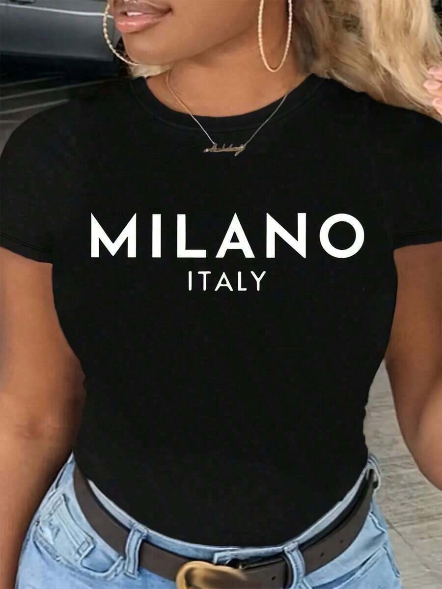 Limited Time Offer, Limited Quantity Available, Flash , Women's Shirts, Women's T-Shirts [Minimalist Style] Milano Italy Graphic Crew Neck T-Shirt For Women - Soft Polyester Blend, Casual Short Sleeve Tee With Bold Letter Print, Machine Washable, Black - 黑色 - 查看 1