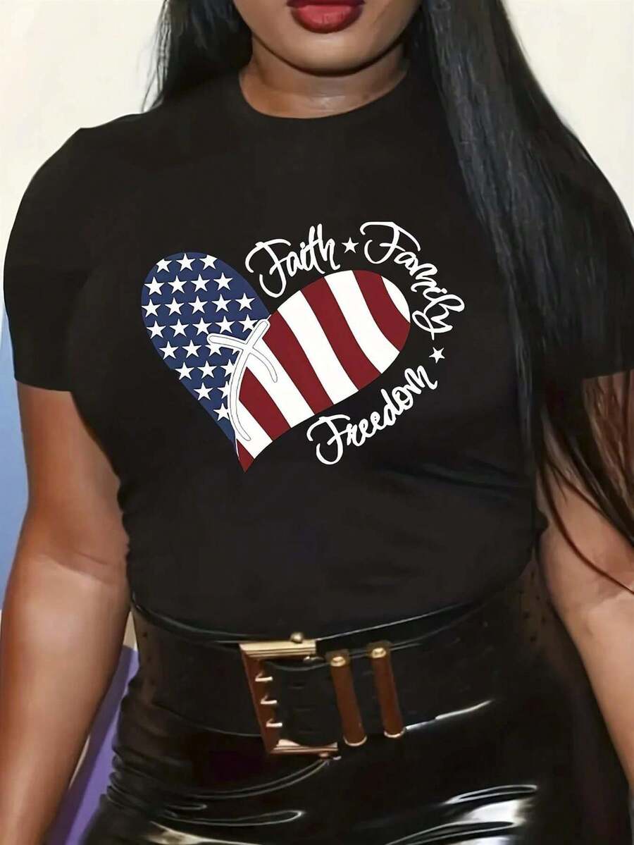 Faith Family Freedom T-Shirt- American Flag Heart Pattern Black T-Shirt, Designed With Patriotic Colors, Suitable For Independence Day, Memorial Day, An Ideal Gift For Expressing Daily Values"Sport""Athleisure" - 黑色 - 查看 1