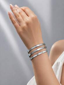 Bộ 3 vòng tay bằng thép không gỉ mạ bạc, gồm vòng tay số La Mã, vòng tay trơn và vòng tay đính đá giả ngọc trai dành cho nữ, trang sức đeo hàng ngày chống nước, có thể xếp chồng lên nhau. - Nhiều màu - Xem 2