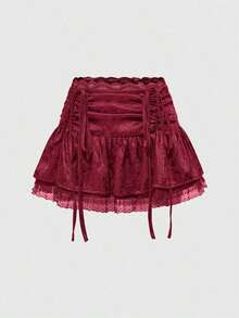 Minifalda gótica para mujer, de satén jacquard con pliegues en la cintura y encaje (con ropa interior incluida) - Negro - Ver 5