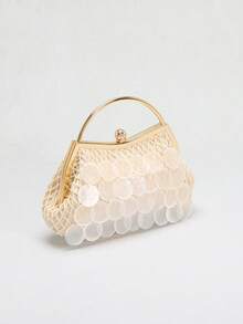 1pc Beige Natural Seashell Bead Slice Decor Tassel Clutch Bag, Handmade Boho Mermaid Shell Slice Lattice Fishnet Tote Bag, Suitable For Daily, Wedding, Party And Travel/Vacation Occasions (Normal Cracks And Defects On Seashell Slices Are Acceptable) - Beige - View 7