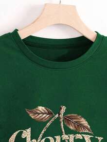 Blusa de mujer de manga corta con cuello redondo en azul marino con estampado versátil de leopardo y cereza - Verde - Ver 4
