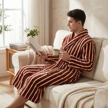 Áo choàng tắm dài kẻ sọc bằng vải flannel dày 400gsm mới, đồ ngủ mặc nhà unisex cho mùa thu/đông. - Nhiều màu - Xem 4