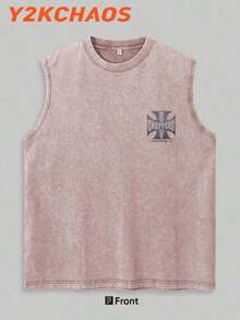 Y2KCHAOS 210g Washed Pure Cotton Vest Men's Vest Streetwear Style American Casual Wear West Coast Choppers Graphic Print Motorcycle Culture Inspired Design For Men And Young Adults-Vintage Street Style Unisex Loose Cotton Short Sleeve Crew Neck T-Shirt - 駝色 - 查看 2