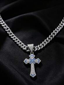 1 pieza Collar personalizado de moda para hombres, colgante de cruz de cristal, accesorio de estilo callejero hip hop - azul plateado - Ver 5