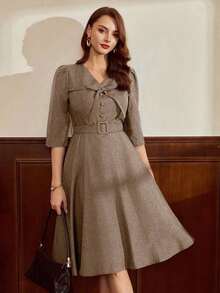 Vestido midi retro verde oliva, elegante y clásico con cintura definida y lazos - Marrón - Ver 5
