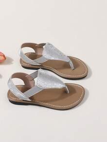 1 Pair Girls' Fashion Slides, New Summer Minimalist Glossy Flat Flip Flops, Outdoor Wear Beach Sandals - Silver - View 8