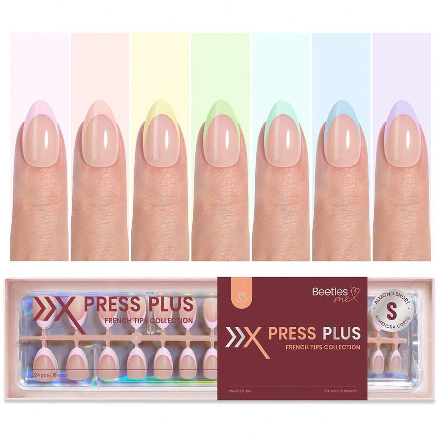 224PCS 7 Colors Beetles Spring Press On Nails, Short Almond French Tip Fake Nails, Pastel Romance Macaron Soft Gel False Nail Tips, DIY Nail Art Manicure Supplies Gifts For Women - 7 Colors S Almond-Spring French Tip - 查看 1