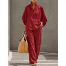 New Women's Shirt Set 2026 Casual City Set2026 Spring/Summer Fashion Women's Casual Style Bat Sleeve Loose-Fit Outfit - Màu Đỏ Sâu - Xem 1