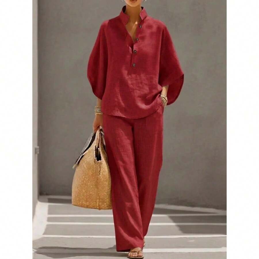 New Women's Shirt Set 2026 Casual City Set2026 Spring/Summer Fashion Women's Casual Style Bat Sleeve Loose-Fit Outfit - Màu Đỏ Sâu - Xem 1