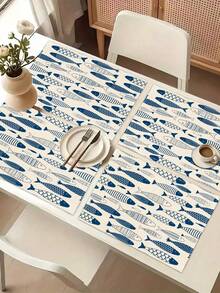 1pc Mediterranean Blue & White Fish Pattern Linen Table Runner, Suitable For Holidays, Parties, Birthdays, Dinners, Kitchen & Dining Room Decor, Shoe Cabinet Cover, All Season Home Decor & Textile - Multicolor - View 5