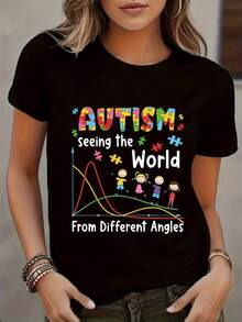 Camiseta de conciencia del autismo de las mujeres - viendo el mundo diseño de rompecabezas coloridos, manga corta, cuello de la tripulación, top de verano casual para la primavera y el verano, ropa de conciencia del autismo, camisa de cuello de la tripulación, top de manga corta - Negro - Ver 2
