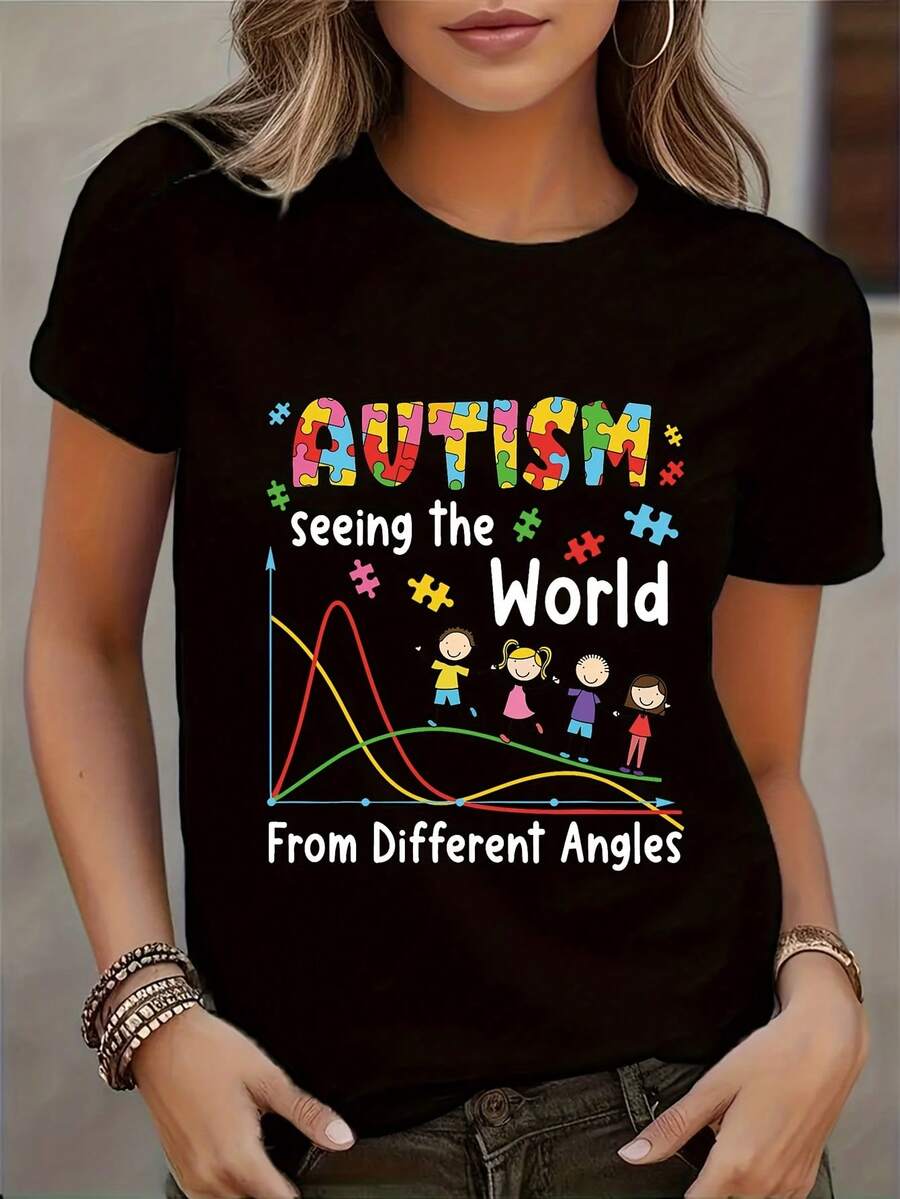 Camiseta de conciencia del autismo de las mujeres - viendo el mundo diseño de rompecabezas coloridos, manga corta, cuello de la tripulación, top de verano casual para la primavera y el verano, ropa de conciencia del autismo, camisa de cuello de la tripulación, top de manga corta