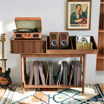 Record Player Stand, Mid-Century Vintage Walnut, Fluted Sliding Doors, Spacious Vinyl Media Cabinet For Living Room & Bedroom