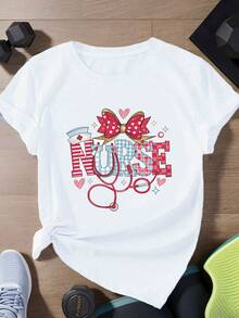 Mujeres más tamaño enfermera estetoscopio impresión camiseta - uniforme de manga corta superior, casual cuello redondo blusa para la enfermería scrubs (lavable en máquina) - Blanco - Ver 2