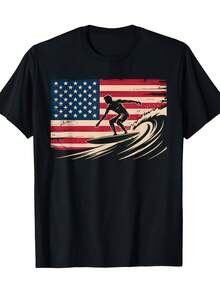 Men'S & Women'S Heavyweight 220Gsm T-Shirt - Vintage American Flag Surfing Shirt With Male & Female Surfer Wave Graphic, Fourth Of July Beach Boardwalk Apparel, Retro Surf Style Casual Sum - 黑色 - 查看 1