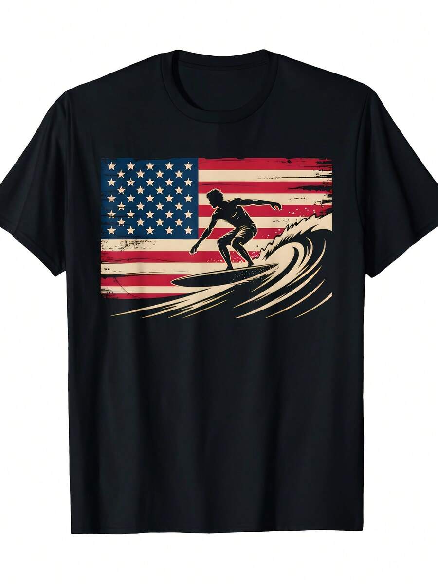 Men'S & Women'S Heavyweight 220Gsm T-Shirt - Vintage American Flag Surfing Shirt With Male & Female Surfer Wave Graphic, Fourth Of July Beach Boardwalk Apparel, Retro Surf Style Casual Sum - 黑色 - 查看 1