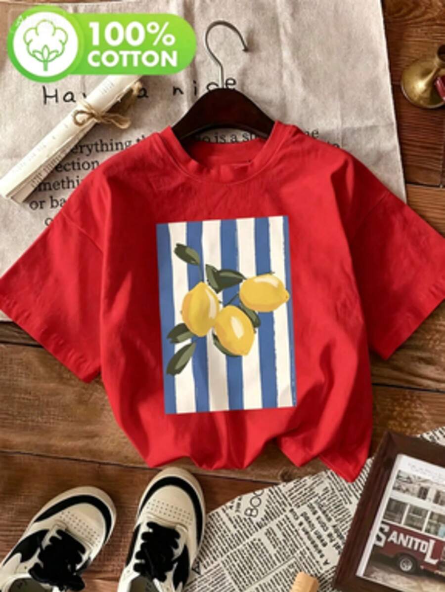 100% Pure Cotton Lemon Pattern Printed Versatile Women's Short-Sleeve T-Shirt (7)100% Cotton - 紅色1 - 查看 1