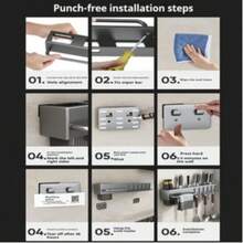 Multi-Functional Wall Mounted Kitchen Organizer Rack - Heavy-Duty Carbon Steel Knife Block, Professional Japanese Knife Storage Stand, No-Drill Installation, Suitable For Home And Restaurant To Store Knives, Cutlery, And Cutting Boards, Space-Saving Design, Equipped With ABS Hooks, Chopstick Holder, And Towel Rail, Ideal For Home Or Camping Use - View 9