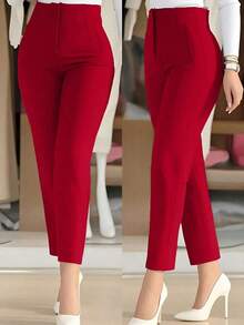 Pantalones de trabajo ajustados de unicolor casual que estilizan la cintura, cortos, color negro para primavera - Rojo - Ver 2
