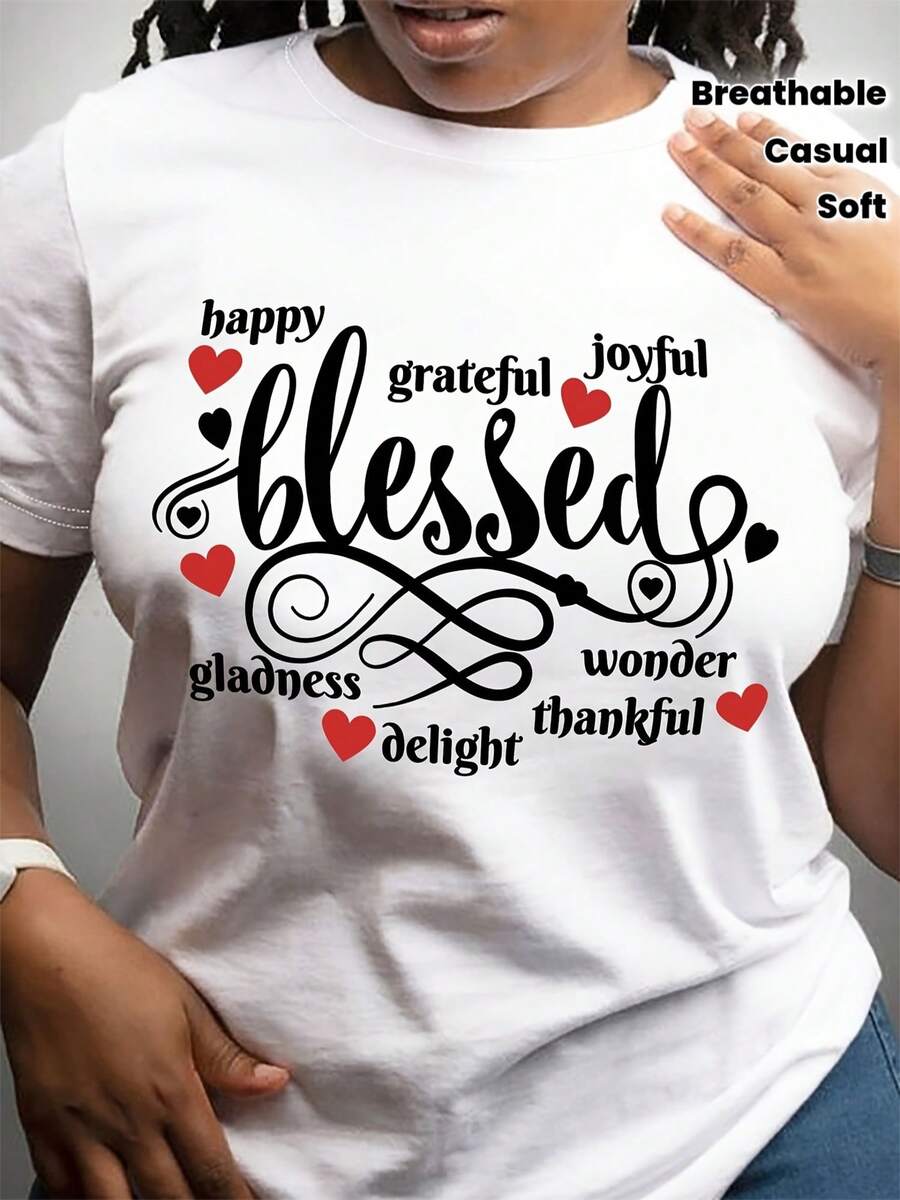 Women's T-Shirt With Inspirational Quote "Happy, Blessed, Grateful, Joyful, Wonderful" - Casual Crew Neck And Short Sleeve T-Shirt, Soft, Breathable And Fade Resistant, Perfect For All Seasons. - White - View 1