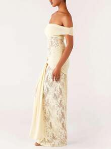 Vestido Largo Mujer de Encaje Hombros Descubiertos o Strapless con Nudo Ajustado Elegante Formal Fiesta Noche - Amarillo - Ver 7
