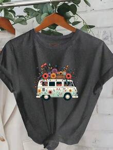 T-shirt ample à manches courtes pour femmes grande taille, col rond, motif mignon d'un camping-car avec fleurs, style décontracté, idéal pour le printemps, l'été et l'automne. Tenue de vacances - Gris foncé - Voir 3