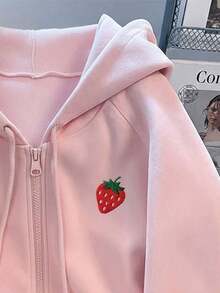 Sudadera con capucha y cremallera para mujer talla estándar, color rosa sólido, manga larga, bolsillo canguro y bordado de fresa, estilo casual y dulce, ideal para todo el año, uso diario, actividades al aire libre, gimnasio, escuela, combinaciones con jeans, leggings y faldas - Rosa - Ver 6